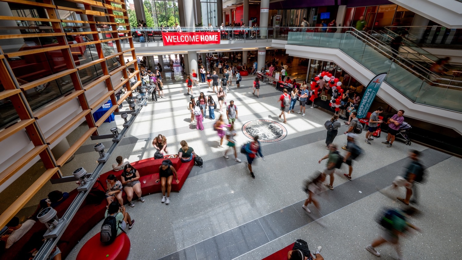 Students gather in the Tally Student Union on the first day of class for the fall 2024 semester. Photo by Becky Kirkland.